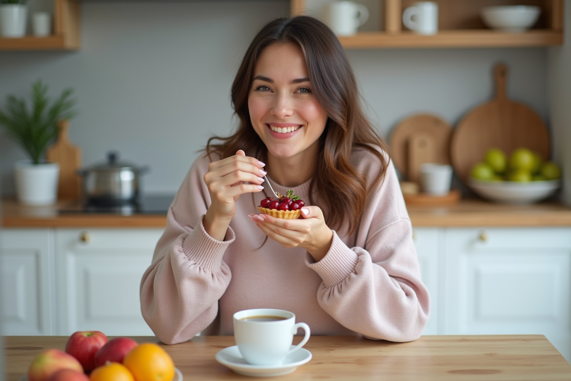 Femme souriante dégustant une tarte aux fruits dans une cuisine chaleureuse