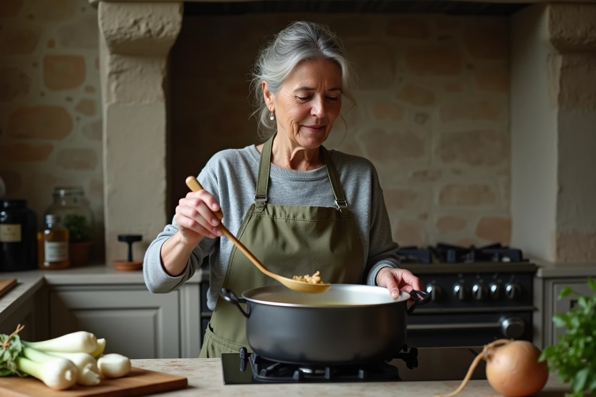 Femme en tablier écumant une potée dans une cuisine en pierre, geste traditionnel de cuisine familiale française