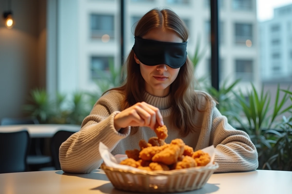 Femme portant un masque dégustant du poulet frit sur une table