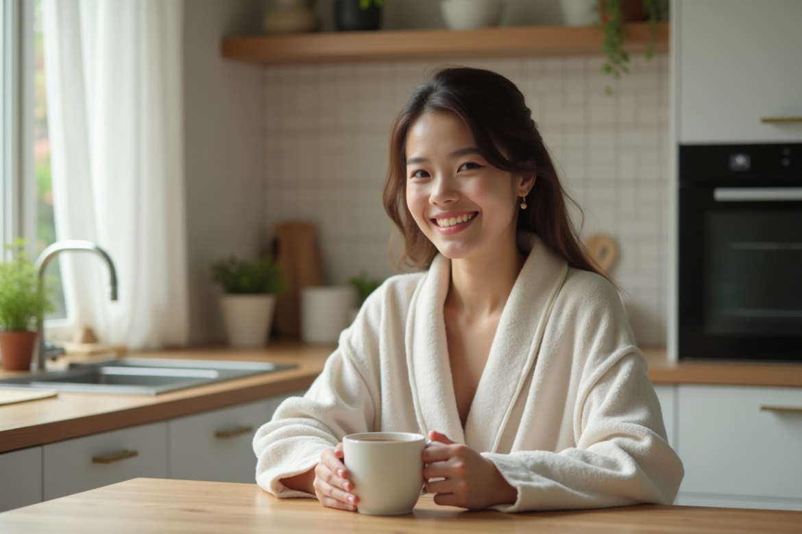 Jeune femme buvant une tisane dans une cuisine moderne