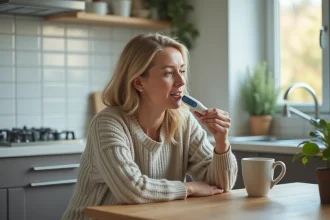 Femme d'âge moyen tenant un thermometre digital à la maison
