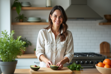 Femme souriante tranchant un avocat dans une cuisine moderne