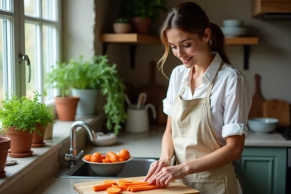 Femme en tablier coupe des carottes en cuisine chaleureuse