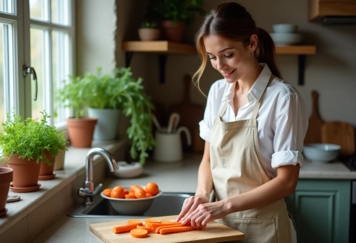 Femme en tablier coupe des carottes en cuisine chaleureuse