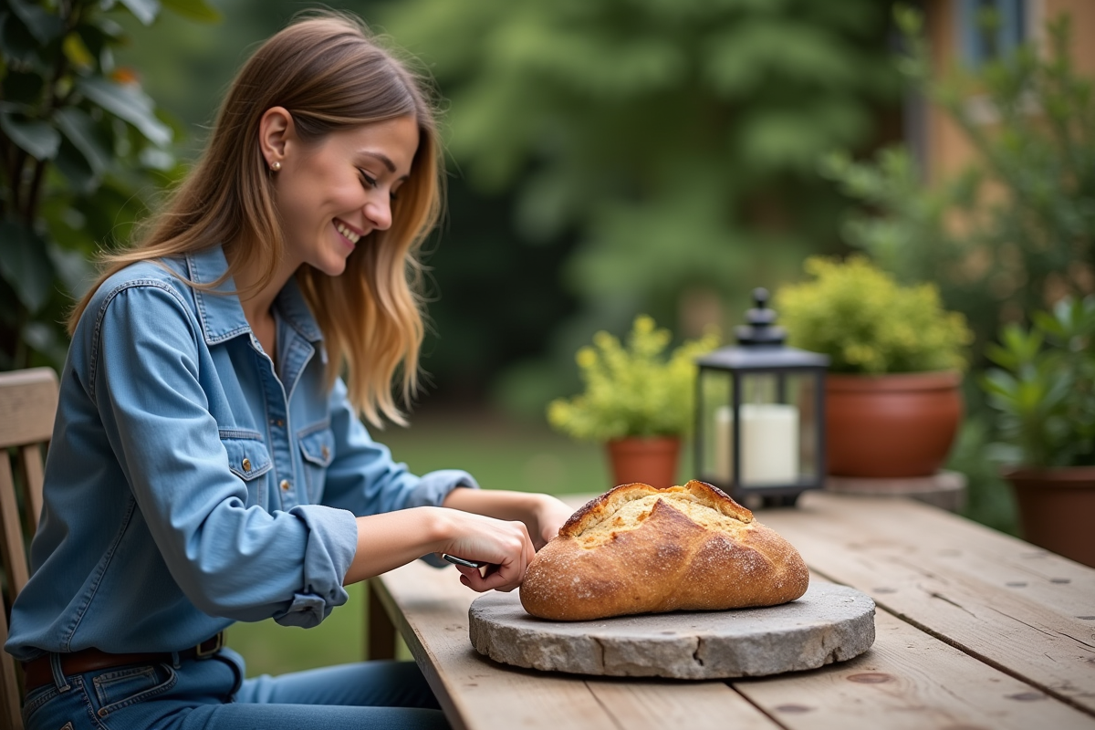 Jeune femme tranchant un pain dans un jardin en plein air