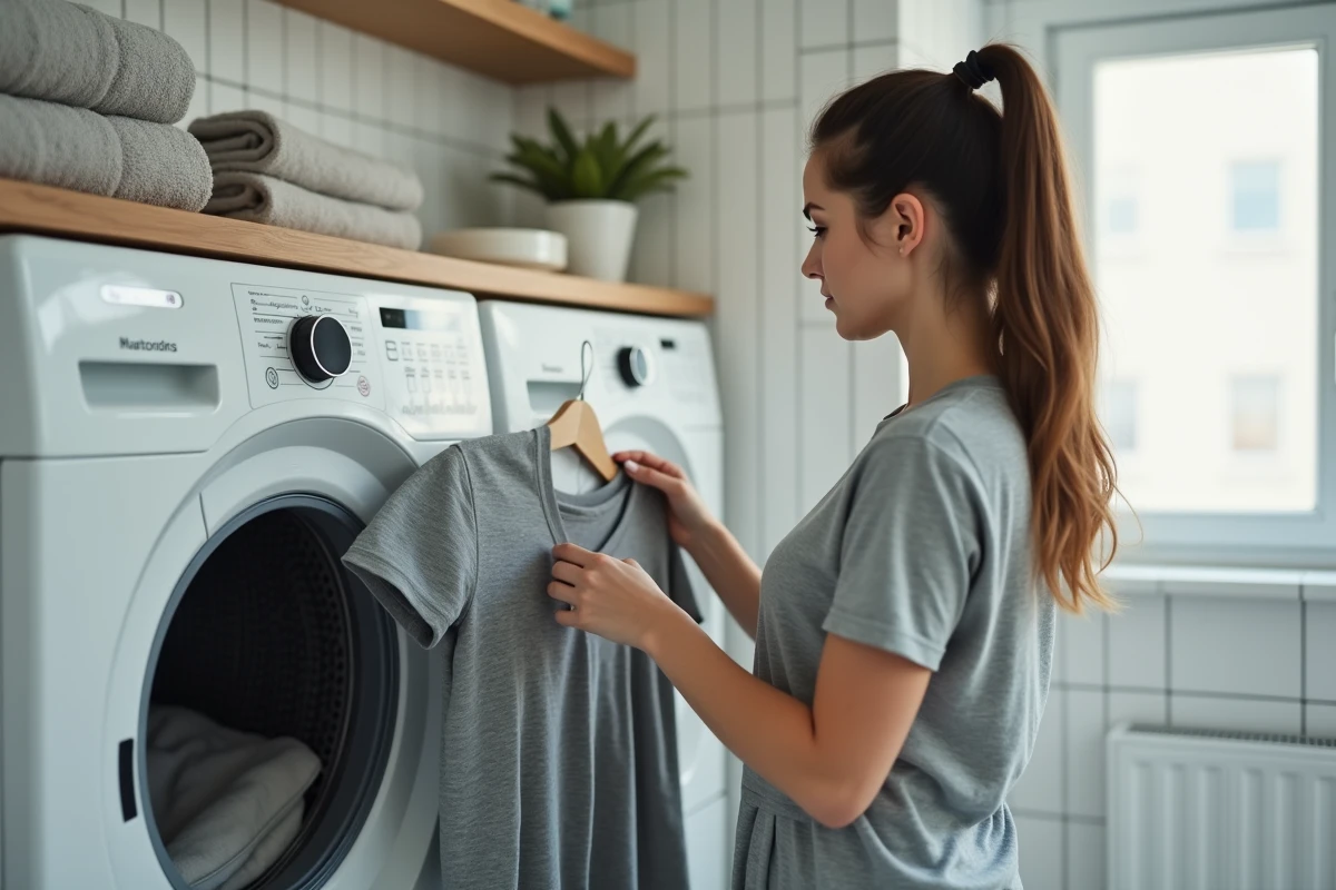 Femme inspectant l'étiquette d'un t-shirt devant un sèche-linge ouvert pour vérifier le symbole four