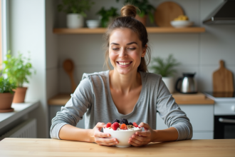 Femme dégustant un bol de yogourt aux fruits frais