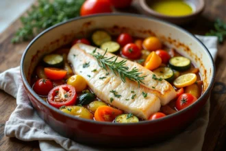 Filet de julienne au four dans un plat en céramique rustique entouré de légumes rôtis de saison, thym frais et tranches de citron