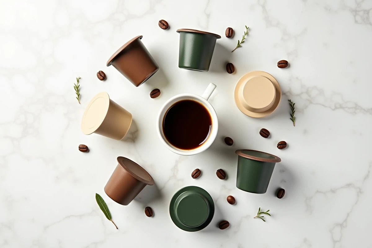 Vue de dessus de capsules compatibles Nespresso bio de différentes marques autour d'un expresso sur marbre blanc