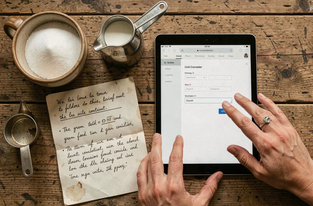 Vue aérienne d'un plan de travail en bois avec des ingrédients de cuisine, une fiche recette et une tablette affichant un convertisseur gramme en centilitre en ligne