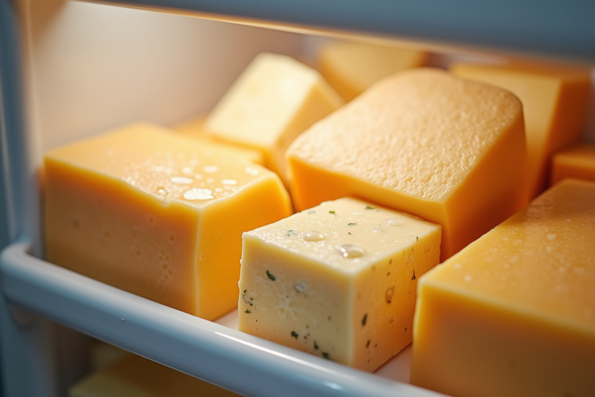 Différents types de fromages dans un congélateur ouvert