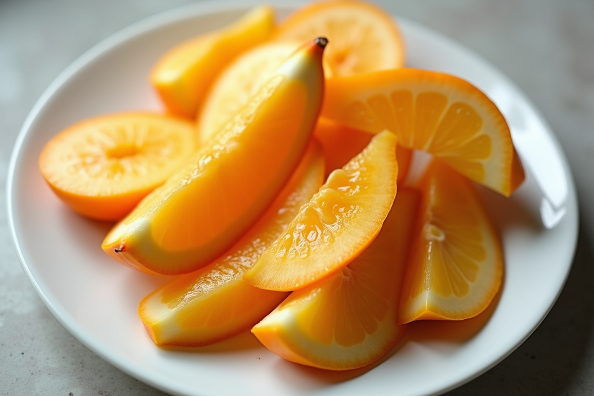 Fruits en forme de S tranchés sur assiette blanche