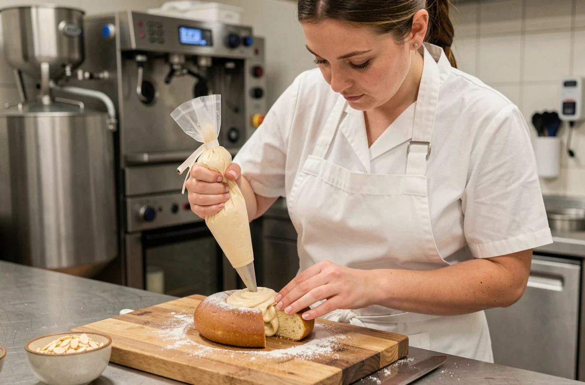 Pâtissière garnissant un Paris-Brest de crème mousseline praliné à la poche à douille sur une planche en bois, avec des amandes effilées et du sucre glace