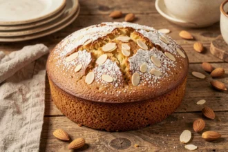 Gâteau aux amandes moelleux doré saupoudré de sucre glace et d'amandes effilées sur une table en bois rustique