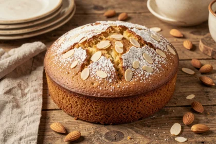 Gâteau aux amandes moelleux doré saupoudré de sucre glace et d'amandes effilées sur une table en bois rustique