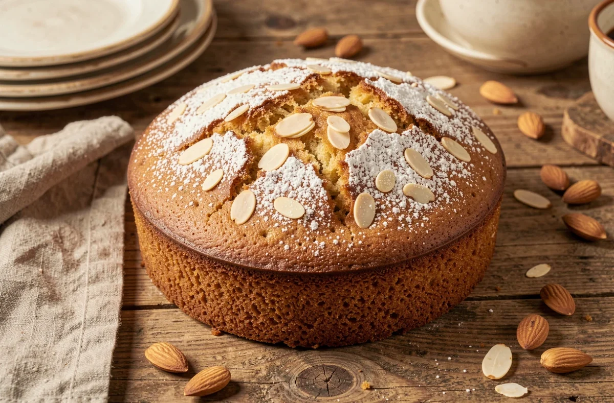 Gâteau aux amandes moelleux doré saupoudré de sucre glace et d'amandes effilées sur une table en bois rustique