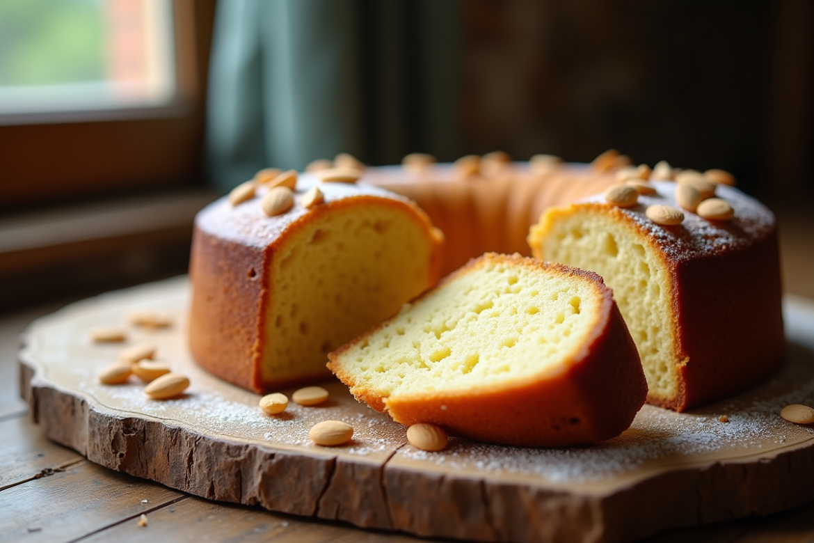 Gâteau basque aux amandes fraîchement tranché sur une table en bois
