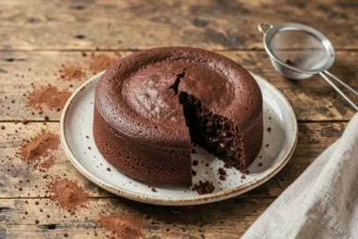 Gâteau au chocolat moelleux fondant sans beurre entier sur une assiette en céramique blanche avec de la poudre de cacao saupoudrée
