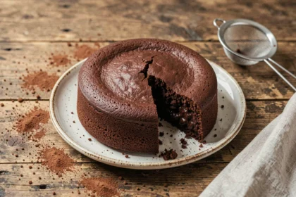 Gâteau au chocolat moelleux fondant sans beurre entier sur une assiette en céramique blanche avec de la poudre de cacao saupoudrée