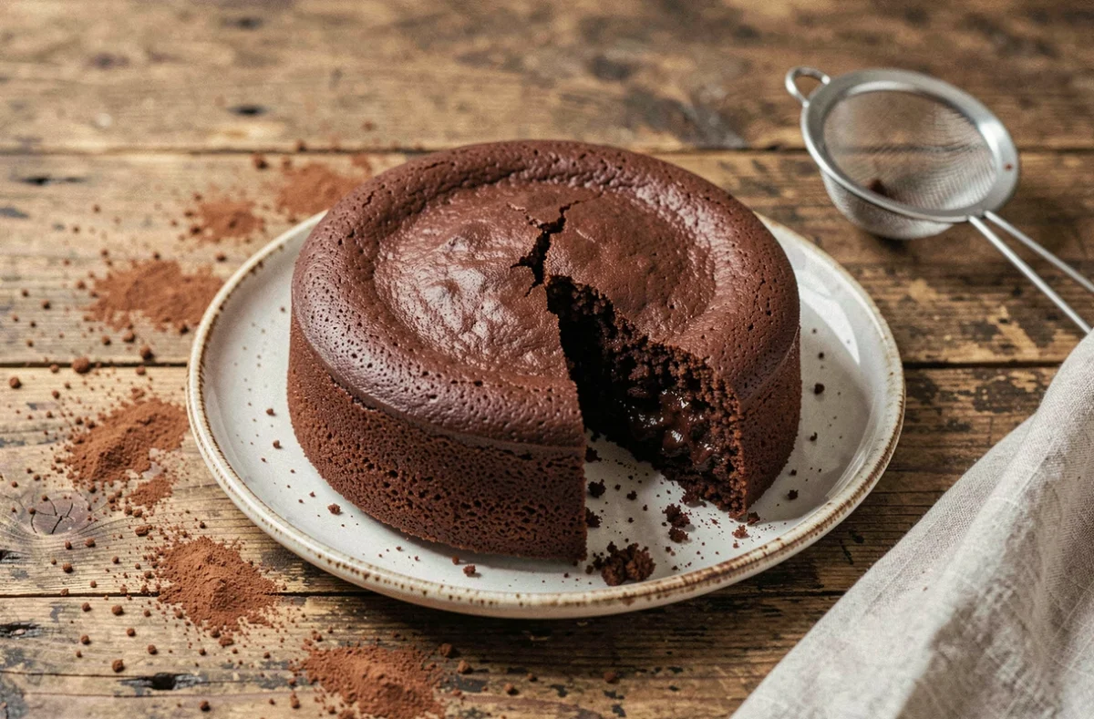 Gâteau au chocolat moelleux fondant sans beurre entier sur une assiette en céramique blanche avec de la poudre de cacao saupoudrée