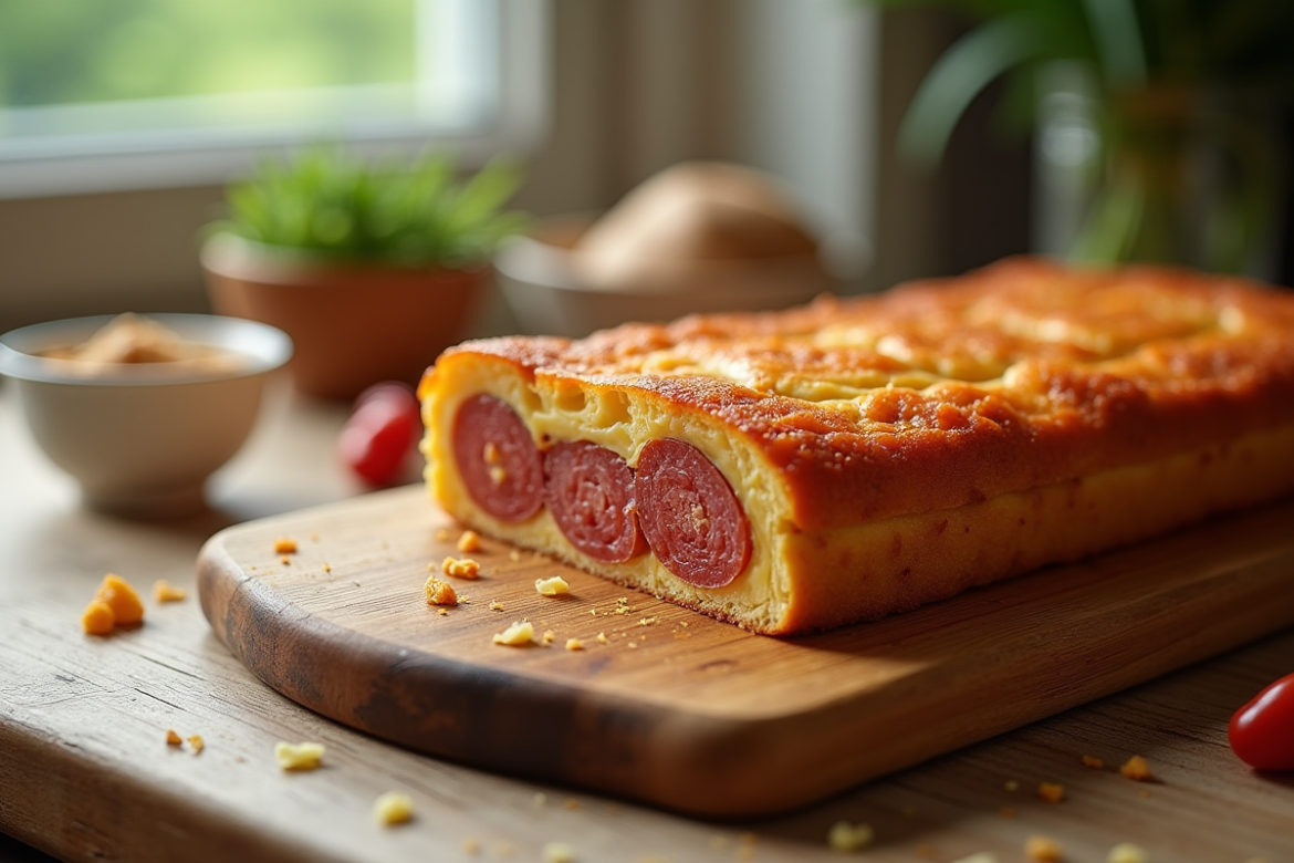 Gâteau de chorizo et chèvre tranché sur planche en bois