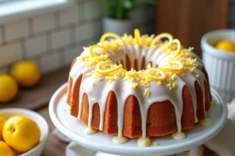 Gâteau de noix de coco au citron glacé sur un présentoir en céramique blanche avec des zestes de citron et des copeaux de noix de coco grillée
