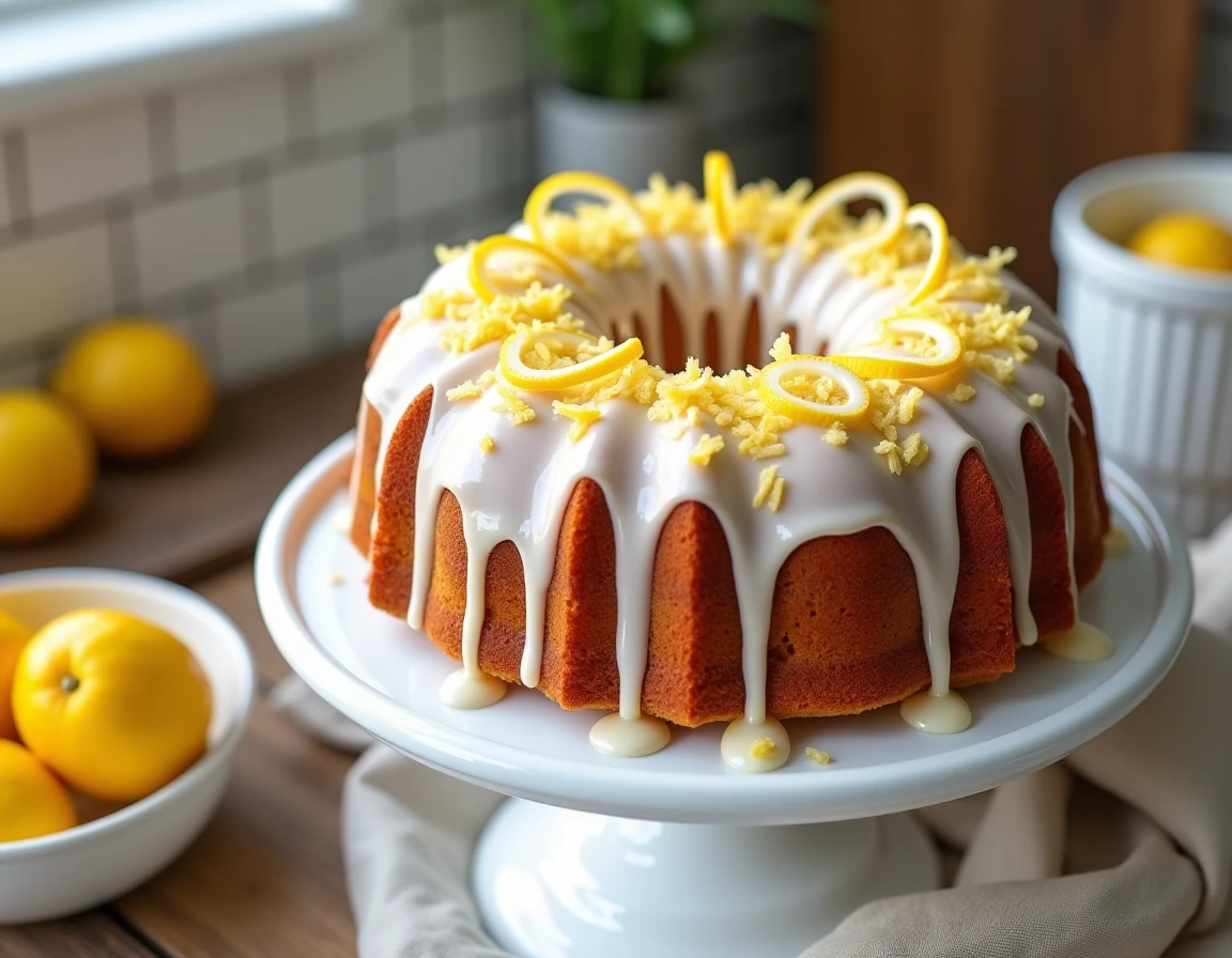 Gâteau de noix de coco au citron glacé sur un présentoir en céramique blanche avec des zestes de citron et des copeaux de noix de coco grillée