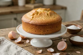 Gâteau moelleux aux œufs doré posé sur un présentoir en céramique blanche avec des coquilles d'œufs et du sucre sur une table en bois rustique