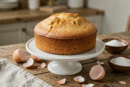 Gâteau moelleux aux œufs doré posé sur un présentoir en céramique blanche avec des coquilles d'œufs et du sucre sur une table en bois rustique