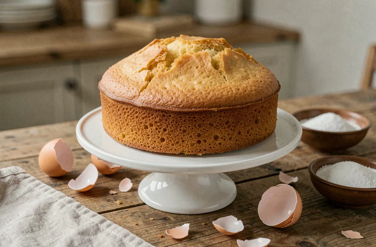 Gâteau moelleux aux œufs doré posé sur un présentoir en céramique blanche avec des coquilles d'œufs et du sucre sur une table en bois rustique