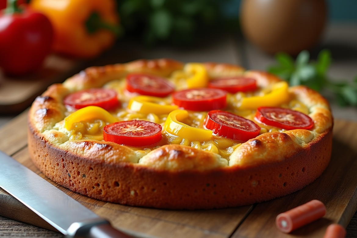 Gâteau salé aux poivrons et chorizo sur table ensoleillée
