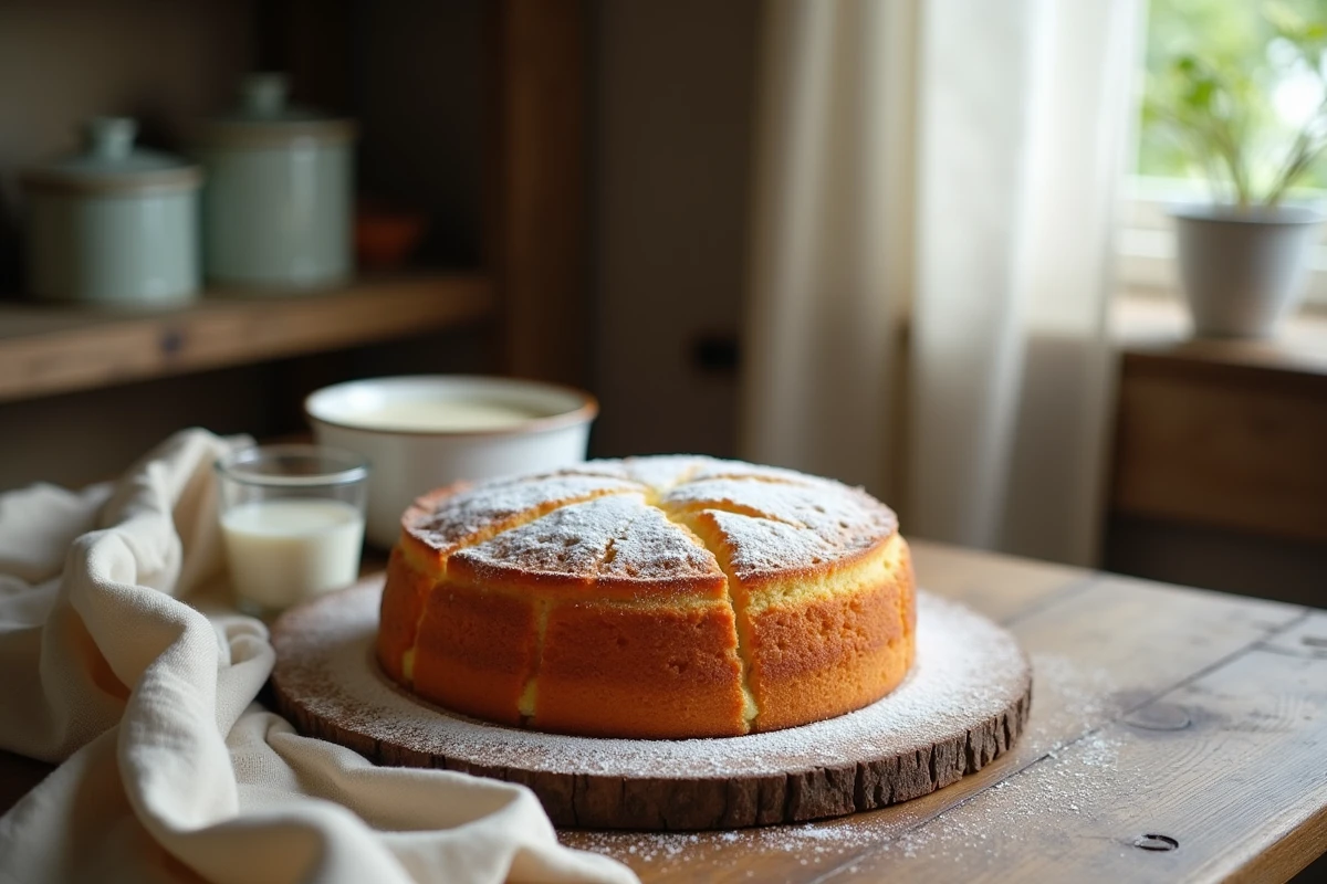 Gâteau au yaourt moelleux posé sur une table en bois rustique avec un bol en céramique et un verre de yaourt, ambiance cuisine de grand-mère