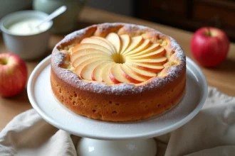 Gâteau au yaourt aux pommes façon Cyril Lignac sur un présentoir en céramique blanche, posé sur une table en bois clair avec des pommes rouges en arrière-plan