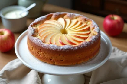 Gâteau au yaourt aux pommes façon Cyril Lignac sur un présentoir en céramique blanche, posé sur une table en bois clair avec des pommes rouges en arrière-plan