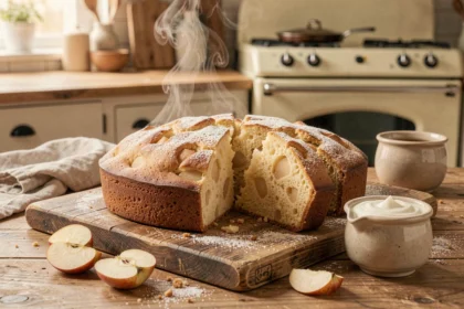 Gâteau au yaourt et aux pommes doré posé sur une planche en bois rustique avec des tranches de pommes et du sucre glace