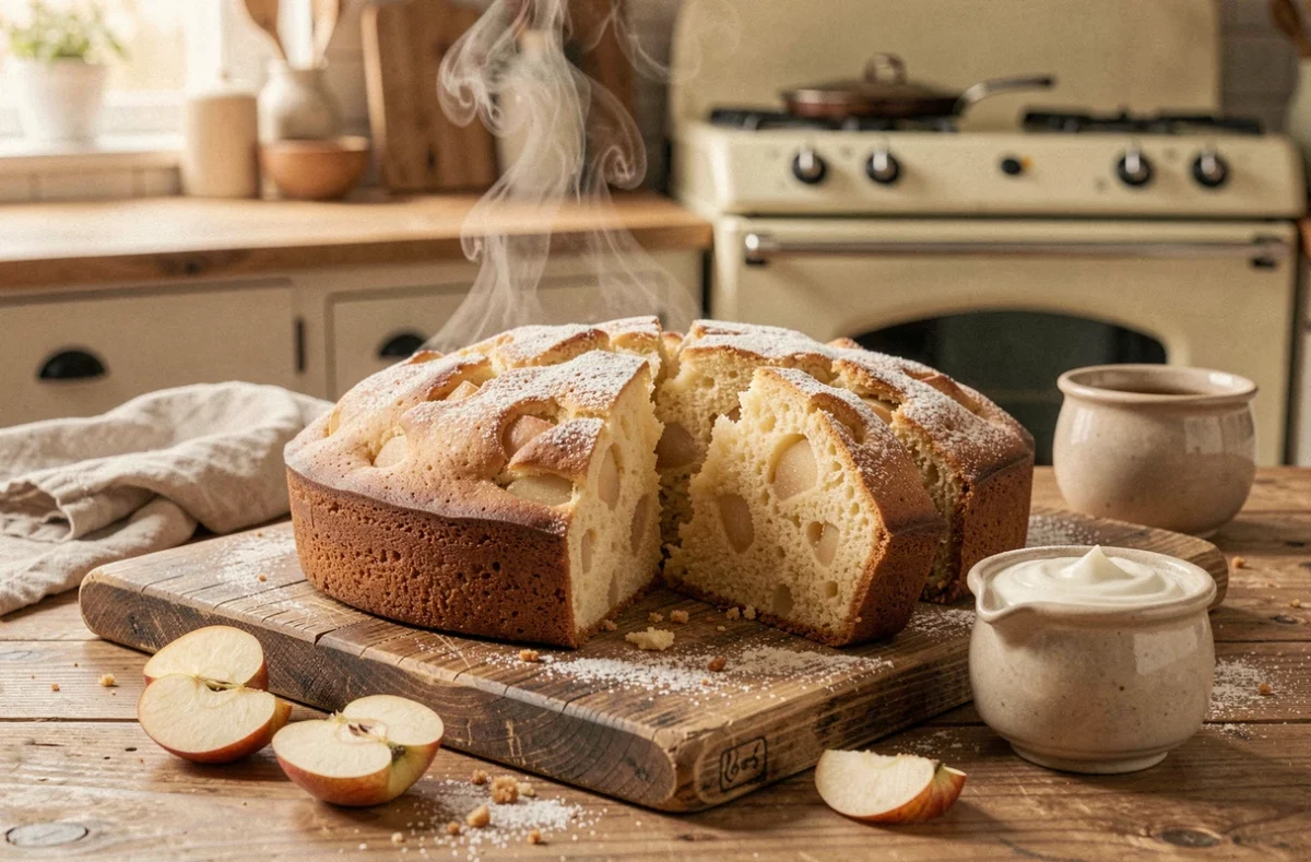 Gâteau au yaourt et aux pommes doré posé sur une planche en bois rustique avec des tranches de pommes et du sucre glace