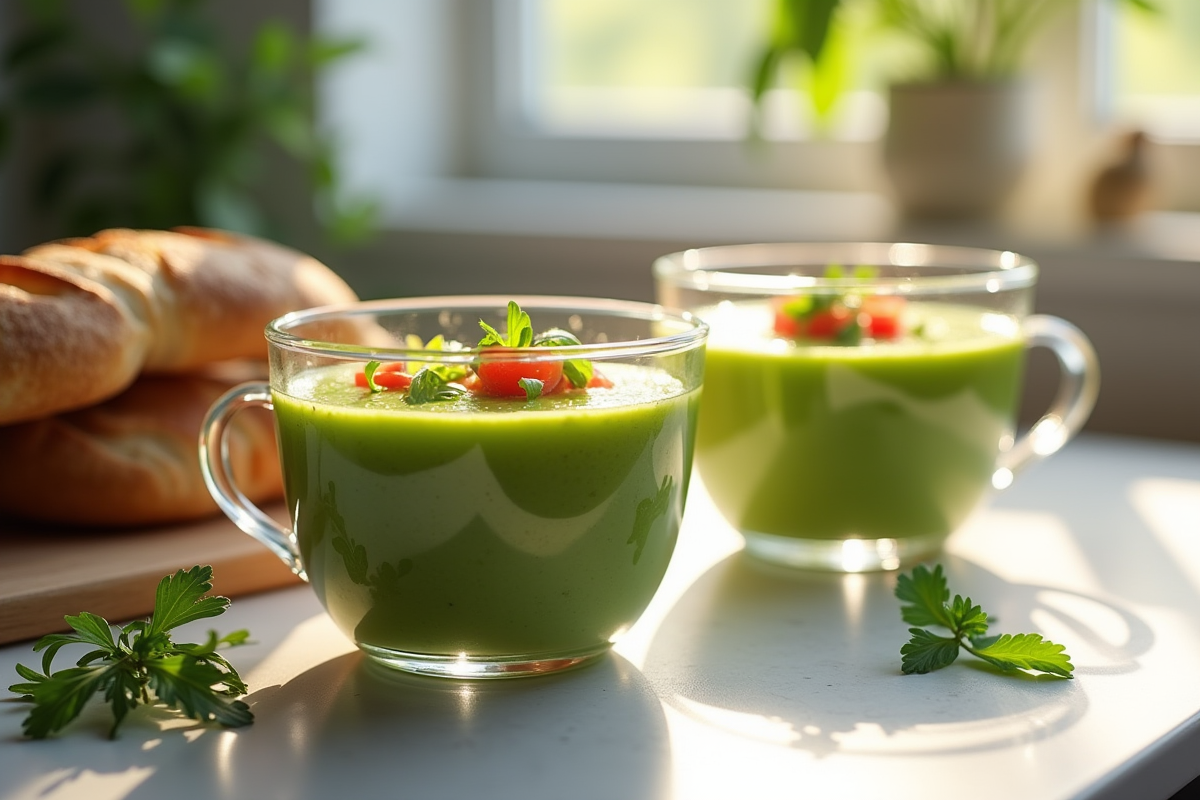 Gazpacho de courgettes servi dans un verre élégant