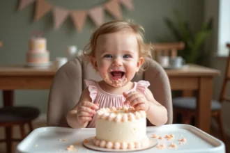 Gâteau smash cake coloré pour le premier anniversaire d'un enfant