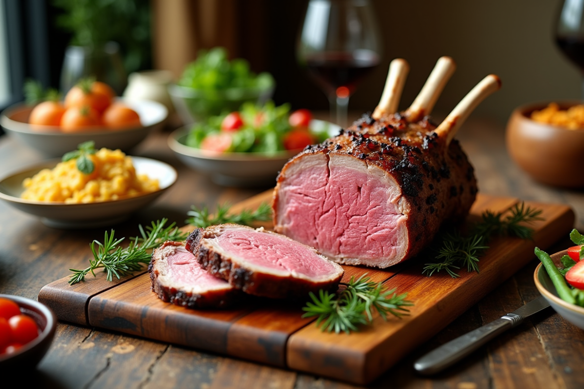 Gigot d'agneau cuit tranché sur une table rustique