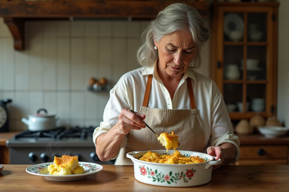 Grand-mère servant une portion de gratin de chou-fleur et pomme de terre maison dans une assiette en porcelaine ancienne dans sa cuisine traditionnelle