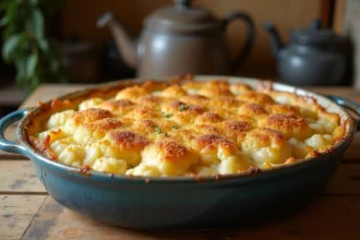 Gratin de chou-fleur et pomme de terre à l'ancienne dans un plat en céramique rustique sorti du four, croûte dorée et gratinée, style cuisine de grand-mère