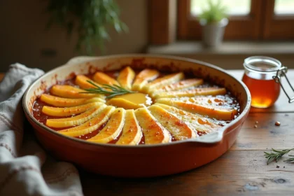 Gratin de courge longue de Nice au chèvre et miel dans un plat en céramique rustique sur une table en chêne provençale