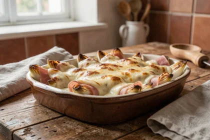 Gratin d'endives au jambon avec béchamel dorée dans un plat en céramique rustique sur une table en bois