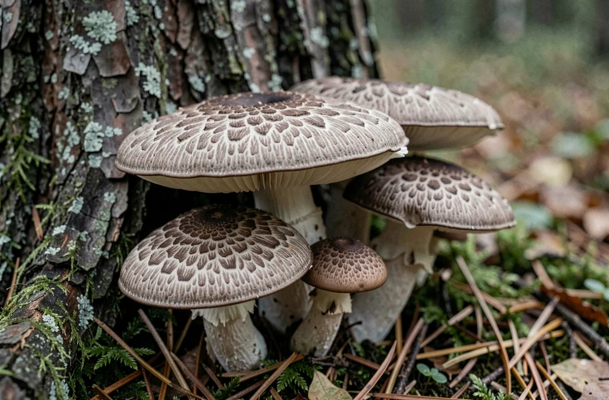 Gros plan sur plusieurs champignons Charbonniers groupés au pied d'un pin, montrant les détails des lamelles et de la surface fibreuse gris-brun du chapeau
