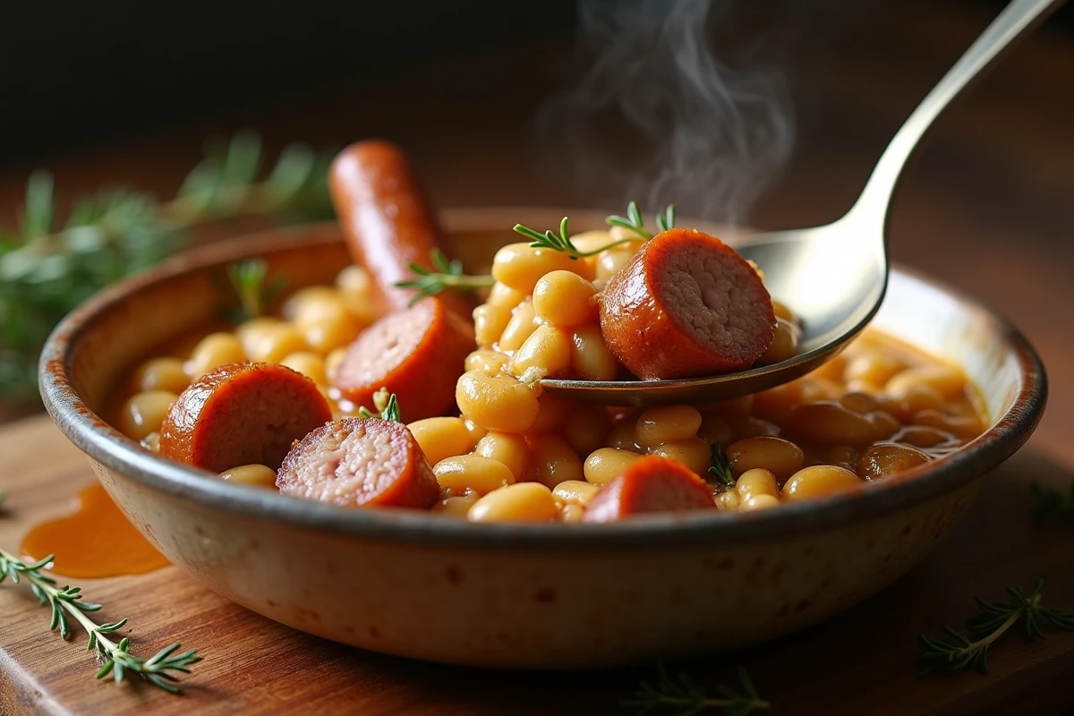 Gros plan d'une portion de cassoulet servi à la cuillère révélant les haricots blancs, le confit de canard et la saucisse de Toulouse sous la croûte dorée