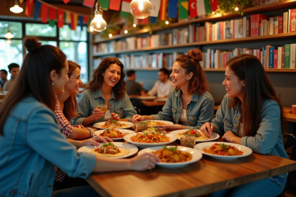Groupe d'amis partageant un repas international convivial