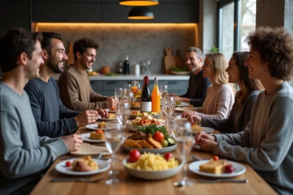 Groupe d'amis autour d'une raclette conviviale en cuisine