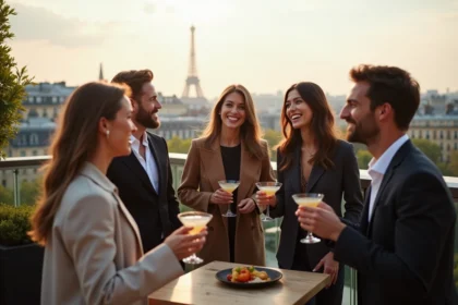 Groupe de jeunes professionnels sur un rooftop à Paris