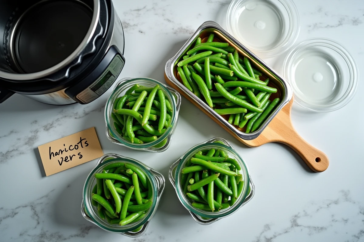 Contenants en verre remplis de haricots verts cuits à la cocotte minute pour la semaine de batch cooking, vue de dessus