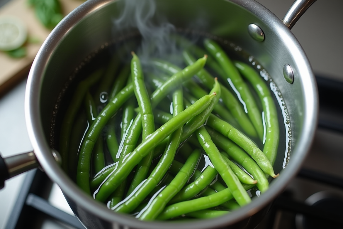 Haricots verts frais blanchis dans une casserole en inox